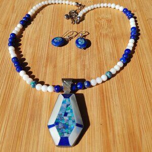 Jay King DTR Lapis MOP and Opal inlay Necklace, Pendant, earrings 925 Sterling S